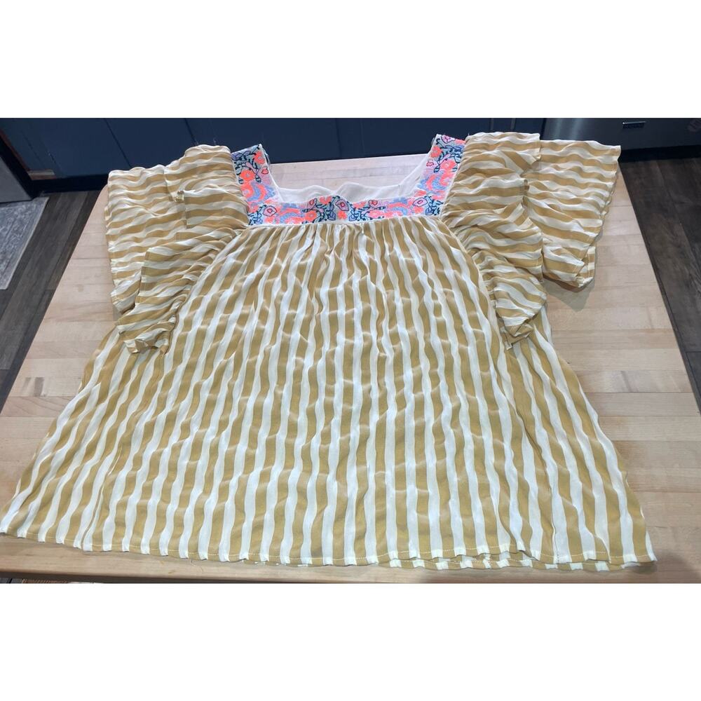 Mustard Yellow White Stripe Embroidered Square Neck Flutter Oversized Top L
